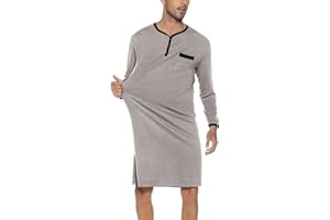 Yukiuiny Chemise de Nuit Homme Coton Pyjama Manches Longues Manches Courtes Hauts de Pyjama Homme Tee-Shirt Long Col Rond avec Boutons Vêtements d'Intérieur T-Shirt Grande Taille Douce Confortable