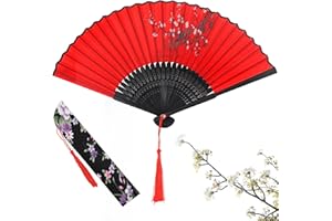 HEAWAA Vintage składany dla kobiet, chiński jedwabny bambusowy wachlarz z frędzlami do tańca Cosplay ślub impreza podróż dekoracja ścienna