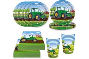 Bikasun Traktor Partygeschirr Kindergeburtstag Party Geschirrset Geburtstag Pappbecher Pappteller Servietten Tassen Papiergeschirr 8 Gäste, Geburtstagsdeko für Jungen Mädchen Partyzubehör (Grün)