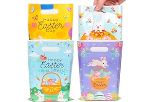 ZJHIOME Easter Party Favor Bag, 50 Pieces Plastic Happy Easter Gift Bags 4 Designs Bunny Treat Bags with Handle for Spring Party Supplies(Multicolor)