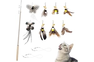SONGWAY Interaktives Katzenspielzeug Feder - Katzenspielzeug Set mit 8 Insekt Natürliche Ersatzfedern mit Glocken, Katzenangel, Einziehbare Federstab Katze Spielzeug für Kätzchen und Katzen