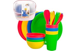AKTIVE Set Picnic Camping pour 4 Personnes Plateau Repas avec Poignée Couverts de Camping, Assiettes, Tasses, Saladiers Gobelets en Plastique Dur Réutilisables