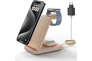 GEEKERA Stazione Ricarica per Apple, Caricatore Wireless per iPhone 16/15/14/13/12/11/X/Pro Max, Postazione Ricarica per Apple Watch 10/9/8/7/6/5/4/3/2, Base Ricarica Wireless per Earbuds-Bambù