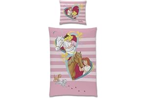 Tex Idea Bibi und Tina Wende Bettwäsche-Set mit Pferd und Herzen · Mädchenbettwäsche 135x200 80x80cm aus 100% Baumwolle in Linon Qualität · Blumen Pferde rosa