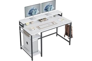 CubiCubi Computer Desk, 120 x 60 cm Office Desk with Monitor Stand and Storage Shelves, Reversible Small Desk Modern Style for Home Office, Study, Bedroom, Living Room, White