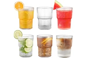 HIGSPE 400ml Verre a Eau Nervurés, Lot de 6 Verre Strié Vintage Style Origami, Empilables Verres à Jus et Soda, Verres Cannelés pour Smoothies, Thé, Café, Cocktails, Whisky