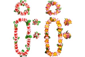 AWCIGG Ensemble de Colliers de Fleurs Hawaïennes avec Collier, Bandeau et Bracelet Hawaïens, Collier Hawaien avec Feuilles Vertes, Fournitures pour Fêtes D'été sur la Plage(Rouge Orange Rose)
