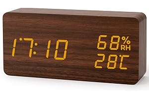 Virklyee Despertador Digital de Madera Despertador LED Despertador Digital de Temperatura,3 Niveles de Brillo Regulable,Temperatura y Humedad,para el Hogar, Dormitorio(Rectángulo Marrón Oscuro)