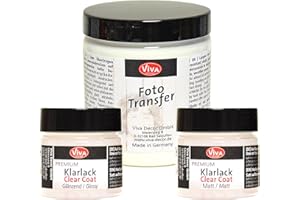 VIVA DECOR GMBH Viva Foto Transfer Medium (250 ml) & Schutzlack (2 x 50 ml) zum einfachen Übertragen von Laserausdrucken, Laserkopien, Zeitungsausschnitten und Zeitschriftenbildern auf Holz oder andere Untergründe