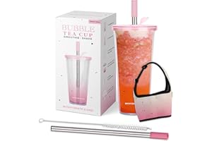 HYDRATE 2.ONE Gobelet Plastique Reutilisable avec Paille pour Bubble Tea perles en inox - Grand Verre a cocktail de 700ml pour smoothie, tasse a the, inclut un couvercle et sac de transport (Rose)