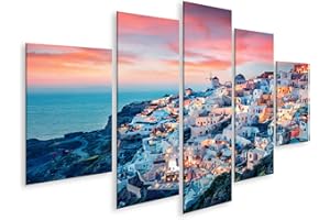ISLANDBURNER Tableau Tableaux sur toile Vue impressionnante de l'île de Santorin en soirée. Coucher de soleil pittoresque sur la célèbre station balnéaire grecque Oia, Grèce, Europe. Impression Image Mot