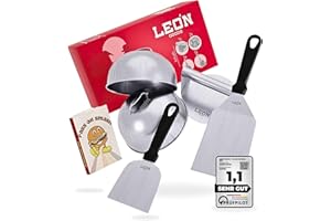 Smash Burger Set de hamburger LEÓN Goods en acier inoxydable pour barbecue à gaz, plaque de feu, Teppanyaki UVM. Ensemble de spatules pour hamburger, Smasher et 2 cloches à fondre (XL – 5 pièces)