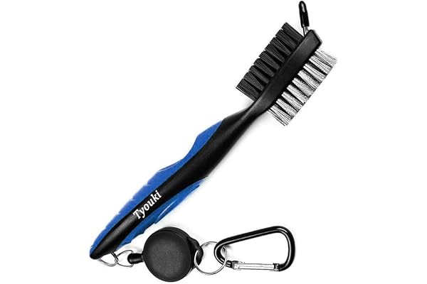 Tyouki Brosse de golf avec nettoyeur de rainures, nylon et acier pour club de golf portable Outil de nettoyage de golf avec mousqueton en aluminium réglable pour accrocher sur sac de golf, léger, design ergonomique