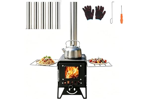 GFTIME Tältugn bärbar campingugn, vedkamin camping, tält ugn 53 x 30 cm | Campingtillbehör med 5 skorsten och vikbara ben för camping, trädgård, utomhusugn, kök, trädgårdsugn