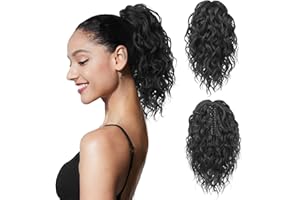 FLUFYMOOZ Ponytail Extension, 12" Short Claw Ponytail Extension Wavy Curly Jaw Clip in Pony tails Hair Extension Natural Synthetic Hairpiece for Women (Natural Black)