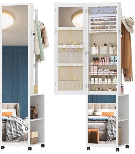 GOPLUS Sieradenkast met spiegel in volledige lengte, spiegelkast, sieraden met verlichting en plank, sieradenopslag met wielen, afsluitbare sieradenorganizer voor slaapkamer, kleedkamer (koffiebruin GOPLUS Sieradenkast met spiegel in volledige lengte, spiegelkast, sieraden met verlichting en plank, sieradenopslag met wielen, afsluitbare sieradenorganizer voor slaapkamer, kleedkamer (koffiebruin