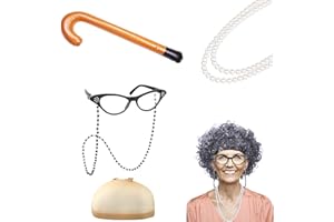 Finrezio 6 Pieces Old Lady Cosplay Set Old Lady Costume Old Lady Wig White Grey Black Granny Wig Cap Cane Granny Glasses Chain Cords Pearl Beads Necklace Christmas Halloween Party Stage Cosplay