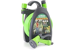 Wiltec Mini Dévidoir de tuyau PP Orange Tuyau 10 m en PVC 2 Connecteurs 3/8" Robinet 1/2" et 3/4" Buse réglable Enrouleur de tuyau Arrosage Jardin Accessoires Outillage Jardinage