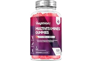 WEIGHTWORLD Gummies Multivitamines et Minéraux 120 Gummies 2 Mois de Stock, 13 Vitamines et Minéraux Essentiels, Vitamine C, Zinc, Vitamine B12, D3, E, Iode, A, B, Biotine, Arôme Naturel de Fraise - sans OGM