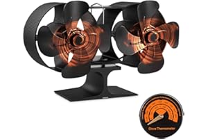 PYBBO Double Motors Stove Burner Fan, Small Size 8 Blades Fireplace Silent Heat Powered Eco Stove Fan for Gas/Pellet/Wood/Log Burning Stoves with Thermometer