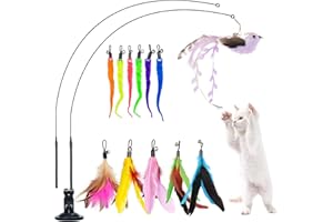 Oziral 15 Pezzi Giochi per Gatti,Giochi Gatto Piume Giochi Interattivi,Inclusi 2 Bacchetta Retrattabile 12 Teaser di Piume di Ricambio 2 Giocattolo dell'arcobaleno della (15 Pezzi)