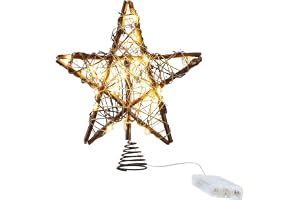 HLTER Julstjärna träd topper, 25 cm inomhus rotting naturlig stjärna trädtopp julgran toppers julgran stjärna lampor vintage