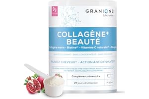 COLLAGENE +BEAUTE GRANIONS - Collagene Marin Poudre - Collagene et Acide Hyaluronique - Collagene Marin + Vitamine C + Biotine + Onagre - Beauté Peau et Cheveux - Saveur Grenade- Collagene Poudre 275g