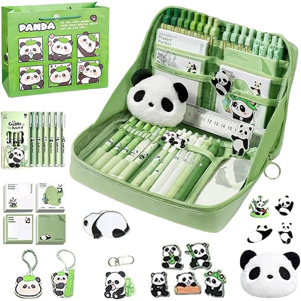 Simpatico astuccio a forma di panda | Astuccio per matite Panda di grande capacità | Borsa Panda con cerniera | Astucci per cancelleria Panda in piedi | Astucci estetici con adesivi, spille