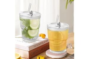 Holtrae Set of 2 400ML Glass Tumbler with Lid and Straws, Vidrio rayado, Vertical Stripe Design, Seal Water Cup, Para Agua, Jugo, Café, Té con leche, Batidos, Cóctel, Taza para matcha latte