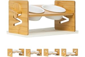 AIDIYAPET Ceramiczne miski dla kota, psa, regulowane, podwyższone, z drewnianym stojakiem na wodę i karmę, podwójnie przechylone i podwyższone naczynie dla zwierząt domowych, podwójne
