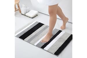 Homaxy Tapis de Bain Antiderapant,Tapis Salle de Bain Rayé en Microfibre Douce, Absorbant à Poils Longs, Lavable en Machine - 40 x 60 cm, Gris/Noir