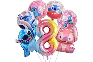 ANBOBILI Stitch Globos Cumpleaños 8 Años, 7 Piezas Globos de Cumpleaños Stitch, Decoracion Globos Cumpleaños 8 Años, Stitch Globos de Aluminio, Globos Lilo y Stitch, para Niños Decoración de Fiesta