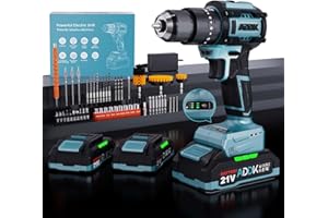 BHFFTHK Trapano avvitatore a batteria 21 V, avvitatore a batteria senza fili con 2 batterie 2.0 Ah, 40 Nm Max, 24+3 impostazioni di coppia, 55 accessori, per progetti fai da te (Trapano elettrico C)