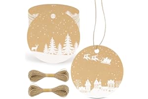 BHGT 100PCS Noël Étiquettes Papier avec Ficelle 20M Emballage Cadeau 5x5CM Étiquettes Rondes Remerciement pour Magasin Cadeau Fête Noël Noël Emballage Cadeau Bonbons Biscuits Anniversaire