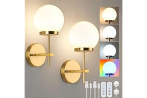 Lightsjoy Wireless Wall Sconces Set of 2 Glass Wall Lights Battery Operated 5000mAh Rechargeable Wall Lamp Battery Powered RGB White Colors Dimmable Remote Control Wall Light for Bedrooms,Gold-Short