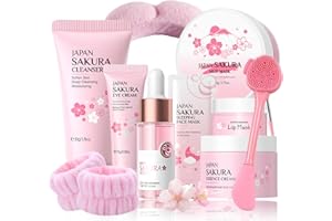 MRCUVARYAS Sakura Skin Care Set Teenager Mädchen Geschenke - Skincare Set 10 Stück - Hautpflege Beauty set Mädchen - Anti Aging & Nährend Gesichtspflege Damen Set - Mit Cleanser,Serum,Creme,Schlammmaske