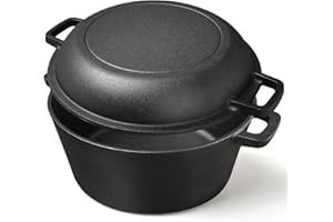 HOUSLUX Pentola in ghisa da 4,5 litri, coperchio tutto in uno, ideale per cuocere il pane, stufato e casseruola, compatibile con induzione, gas, campeggio, fuoco, barbecue e barbecue, 26 cm (nero opaco)
