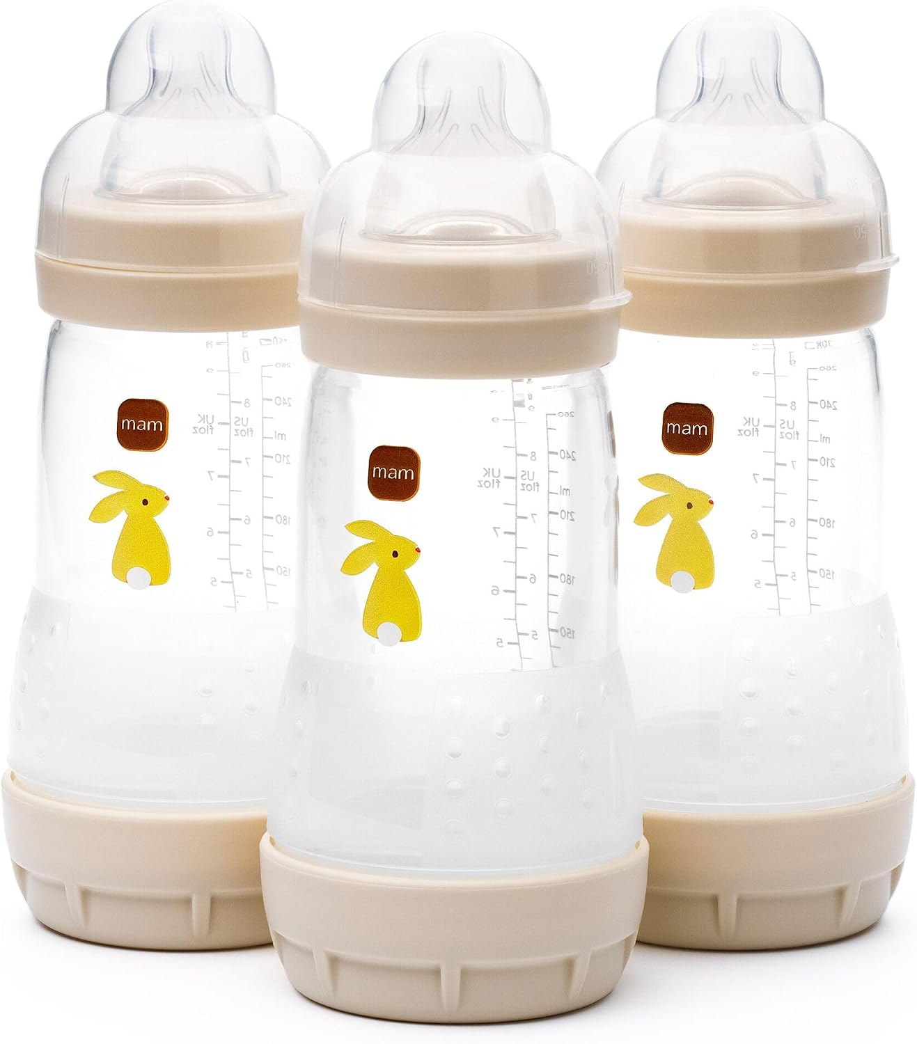 MAM Easy Start Anti-Colic Baby Bottles | 3 Pack (3 x 260) | Self-Sterlising Baby Milk Bottle | Medium Flow MAM Teats Size 2 | Newborn Essentials | Linen (Various Designs)