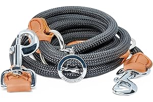 FREUDENTIER Hundeleine 2m - Führleine 3-Fach verstellbar - Robustes Nylon abgerundet mit stilvollen braunen Lederelementen - Leine Hund für mittelgroße & große Hunde (schwarz)