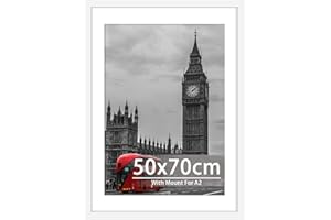 Tinkeps 50x70cm White Frame - Engineered Wood and Plexiglass, Picture Frames 50cm x 70cm with A2 Mount for 50x70cm/A2 Prints, Photos, and Posters, Wall Mountable - Poster Frames 50 x 70cm