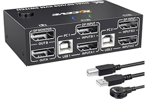 YOUTINGHDAV DP Switch KVM 2 PC 2 Monitory, 4K@144Hz Dual Monitor KVM Switch Displayport 1.4, Przełącznik KVM USB dla 4 urządzeń USB klawiatura, mysz, drukarka, z kablem DP i USB