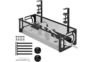QURXUANWE Bandeja Gestión Cables Debajo Escritorio con Clips Montaje, Cesta Organizador Cable Sin Necesidad Taladrar, Portacables Bajo Mesa Acero Carbono, Caja Gestionar Alambre para Oficina,Casa,Cocina (Negro)