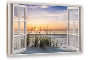 Feeby - Wandbilder Wohnzimmer 120x80 cm, Deko Paneel Bilder, Bilder für Schlafzimmer, Echter Gemalter Effekt, Moderne Wanddeko, Gemälde - Fensterblick Meer, Strand, Sonnenuntergang - Beige