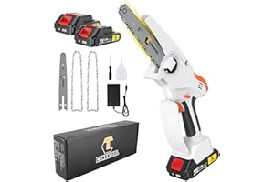 CONENTOOL Akumulatorowa piła łańcuchowa 5000 mAh, 15 cm, mini piła łańcuchowa z 2 akumulatorami i 2 hartowanymi łańcuchami ze stopu, zasilana akumulatorem, ręczna piła łańcuchowa do nożyc ogrodowych, nożyc do