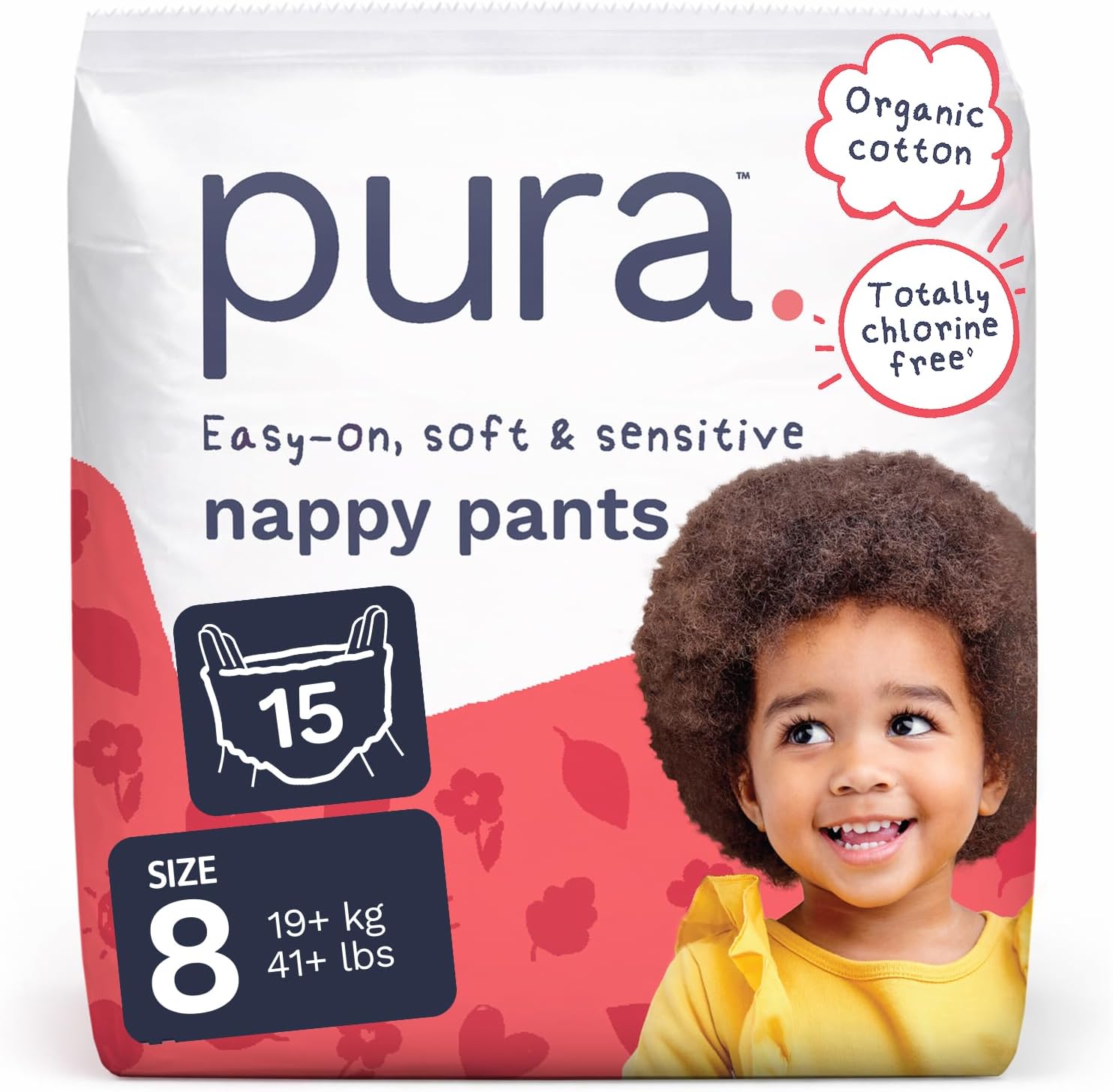Pura Nappy Pants Size 8, 15 Count, 19kg+, 360° Stretch Fit, Potty Training Pants for Hypoallergenic & Sensitive Skin, Up to 12 Hours Overnight Leak Protection, Totally Chlorine Free