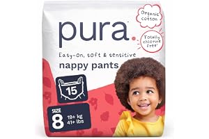 Pura Nappy Pants Size 8, 15 Count, 19kg+, 360° Stretch Fit, Potty Training Pants for Hypoallergenic & Sensitive Skin, Up to 1