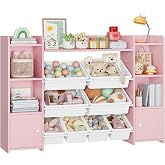 FOREHILL Toy Storage Furniture 8 Removable Boxes, Pink | Montessori Children's Bookcase, Children's Bookcase for Toys and Boo