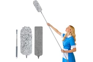 Fogray 2-in-1 Extendable Feather Duster & Gap Cleaning Tool Set Telescopic, Washable Microfiber Head with Soft Silicone Cap & Bendable Flat Crevice Duster for High Ceiling and Under Furniture Cobweb