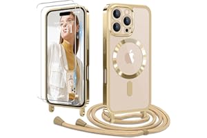 Ethanger Handyband für iPhone 16 Pro Hülle mit Band + 2 Stück Glas Schutzfolie Transparent Silikon Handyhülle Magnetische Schutzhülle Case zum Umhängen Kordel für iPhone 16 Pro Gold