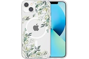 RALEAVO Magnetyczne etui na iPhone'a 13, kompatybilne z Magsafe, urocze kwiaty, dla dziewcząt i kobiet, przezroczyste, silikonowe, odporne na wstrząsy, etui ochronne do iPhone’a 13, liście